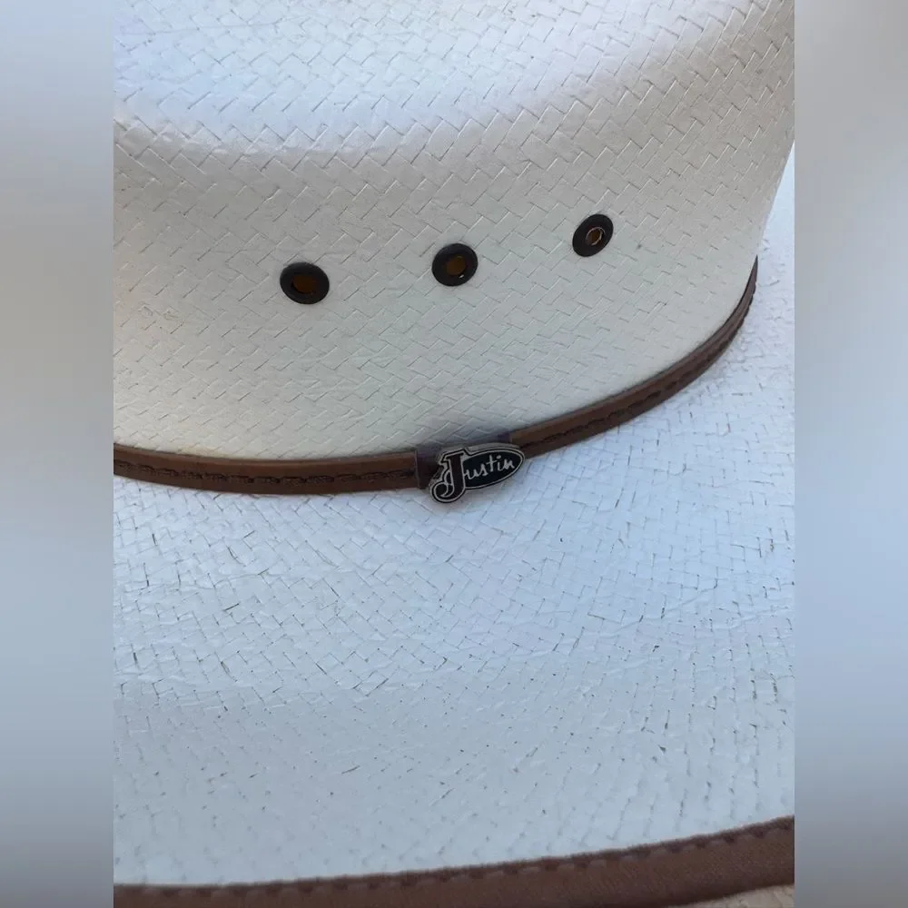 Justin 10X White Straw Western Cowboy Hat 7 5/8 (61cm) EUC